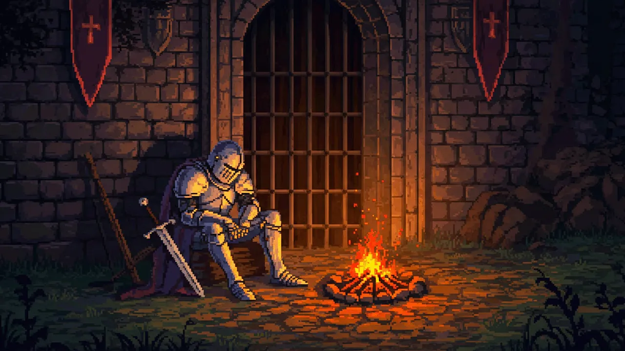 A knight resting near a campfire.